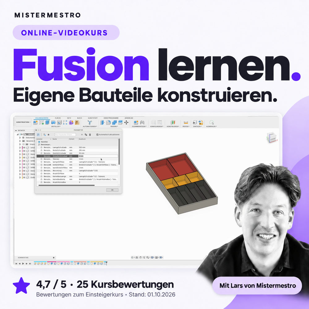 Fusion-Einsteigerkurs als Online-Videokurs: eigenes Bauteil konstruieren, mit Lars von Mistermestro. 4,7 von 5 aus 25 Kursbewertungen, Stand 01.10.2026.