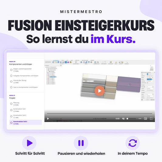 Einblick in die Mistermestro-Lernplattform: Fusion-Lektionen mit Video, Kapitelmenü und frei wiederholbaren Übungen im eigenen Tempo.